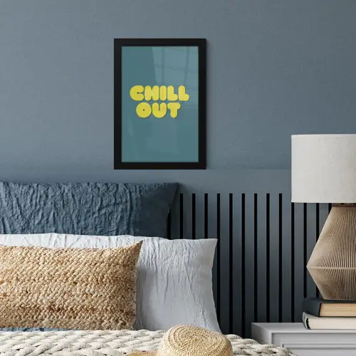 Chill out - Geel - Blauw fotolijst zwart zonder passe partout klein -sfeer3