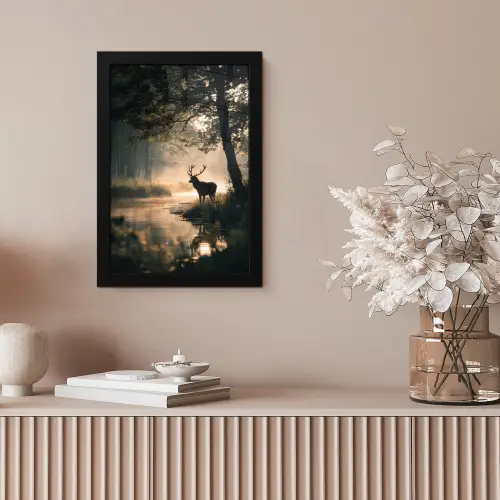 Hert - Bosbeek - Mystiek fotolijst zwart zonder passe partout klein -sfeer5