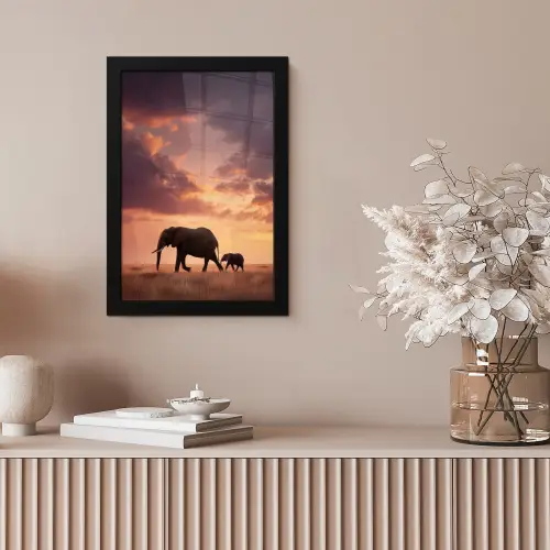 Olifanten - Grasland - Zonsondergang fotolijst zwart zonder passe partout klein -sfeer5