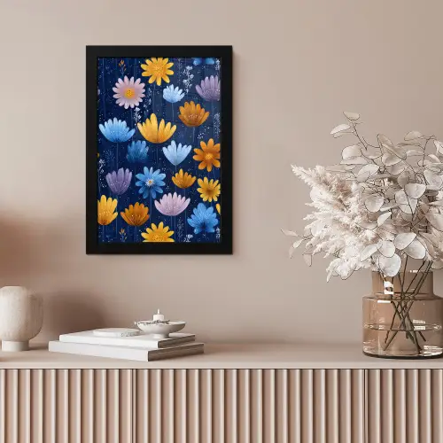Bloemen - Patroon - Blauw - Contrast fotolijst zwart zonder passe partout klein -sfeer5