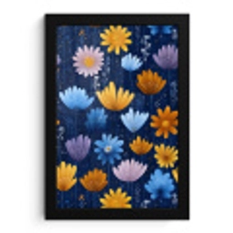 Bloemen - Patroon - Blauw - Contrast fotolijst zwart zonder passe partout klein -3d