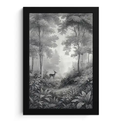 Bos - Hert - Zwart - Wit fotolijst zwart zonder passe partout klein -3d