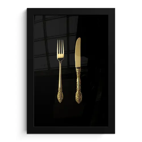 Goud - Vork - Mes fotolijst zwart zonder passe partout klein -3d