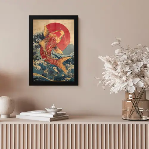Koi - Zee - Golven - Zon fotolijst zwart zonder passe partout klein -sfeer5