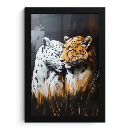 Luipaard - Oranje - Wit - Gras fotolijst zwart zonder passe partout klein -3d