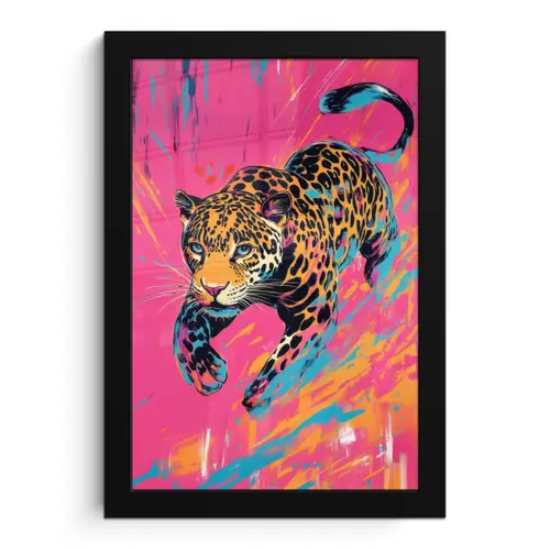Luipaard - Roze - Oranje - Blauw - Verf fotolijst zwart zonder passe partout klein -3d