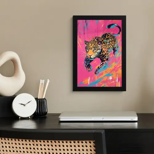 Luipaard - Roze - Oranje - Blauw - Verf fotolijst zwart zonder passe partout klein -sfeer1