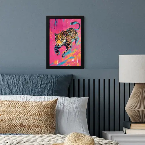 Luipaard - Roze - Oranje - Blauw - Verf fotolijst zwart zonder passe partout klein -sfeer3