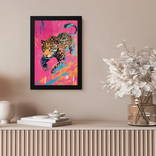Luipaard - Roze - Oranje - Blauw - Verf fotolijst zwart zonder passe partout klein -sfeer5
