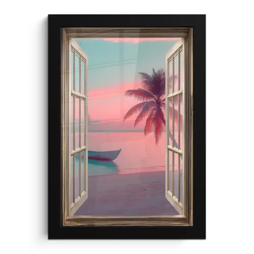 Doorkijk - Strand - Palmboom - Tropisch fotolijst zwart zonder passe partout klein -3d