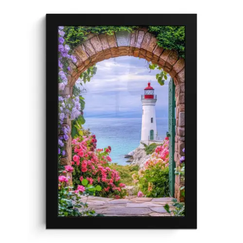 Doorkijk - Vuurtoren - Bloemen - Uitzicht fotolijst zwart zonder passe partout klein -3d