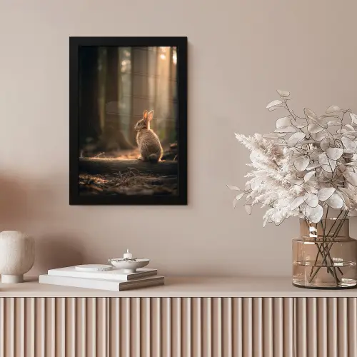 Konijn - Bos - Zonnestralen fotolijst zwart zonder passe partout klein -sfeer5