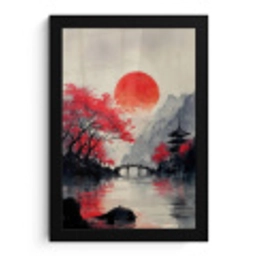 Rode zon - Rivier - brug - Bomen fotolijst zwart zonder passe partout klein -3d