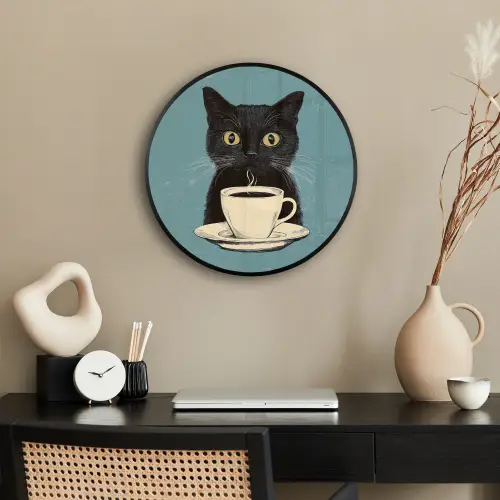 Kat - Zwart - Koffie - Minimalistisch Fotolijst rond zonder passe partout klein -sfeer1