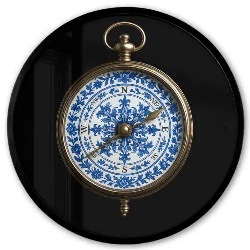 Kompas - Delfts blauw - Zwart Fotolijst rond zonder passe partout klein -3d