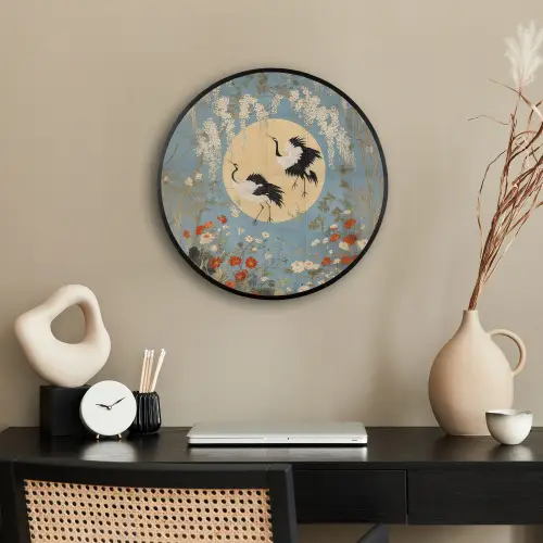 Kraanvogels - Maan - Bloemen - Blauw Fotolijst rond zonder passe partout klein -sfeer1