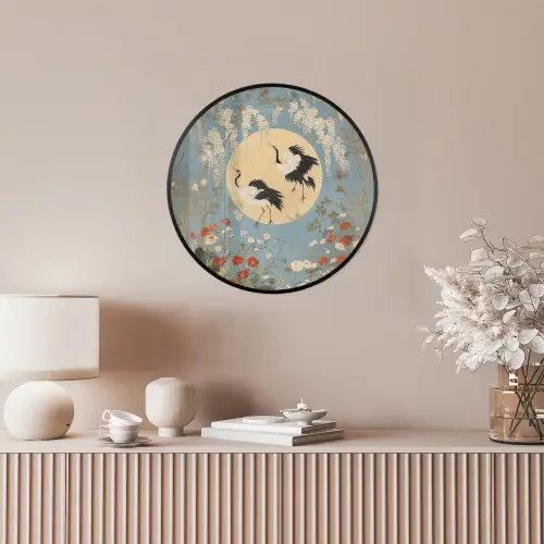Kraanvogels - Maan - Bloemen - Blauw Fotolijst rond zonder passe partout klein -sfeer3