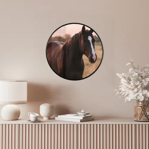 Paard - Zonsondergang - Bruin Fotolijst rond zonder passe partout klein -sfeer3