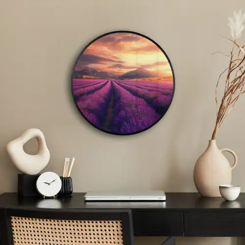 Lavendelveld - Zonsondergang - Paars Fotolijst rond zonder passe partout klein -sfeer1