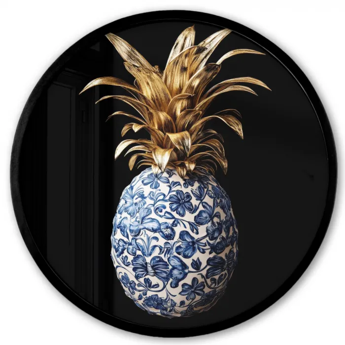 Ananas - Bloemen patroon - Goud - Delftsblauw Fotolijst rond zonder passe partout klein -3d