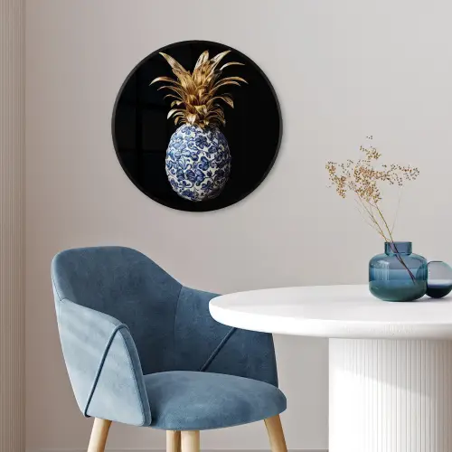 Ananas - Bloemen patroon - Goud - Delftsblauw Fotolijst rond zonder passe partout klein -sfeer2