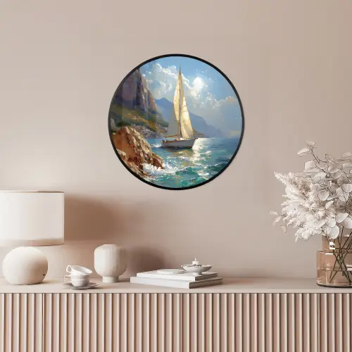 Zeilschip - Zee - Rotsen - Wolken Fotolijst rond zonder passe partout klein -sfeer3