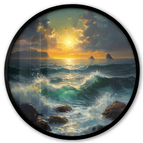 Zee - Zon - Golven - Rotsen Fotolijst rond zonder passe partout klein -3d