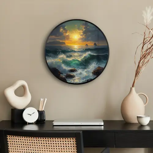 Zee - Zon - Golven - Rotsen Fotolijst rond zonder passe partout klein -sfeer1