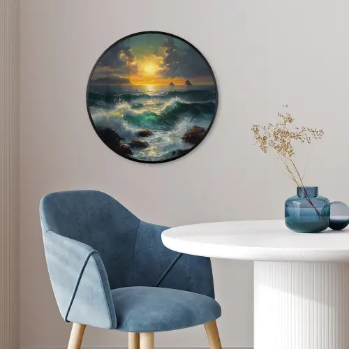 Zee - Zon - Golven - Rotsen Fotolijst rond zonder passe partout klein -sfeer2