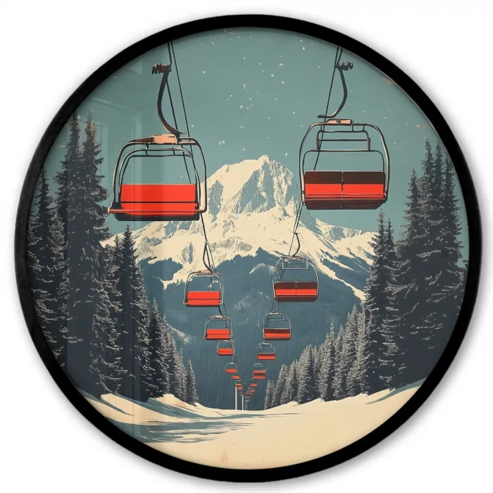 Sneeuw - Skilift - Rood - Bomen Fotolijst rond zonder passe partout klein -3d