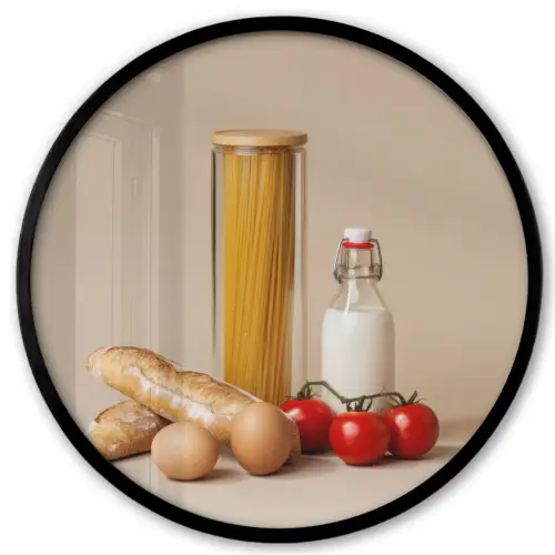 Spaghetti - Melk - Tomaten - Eieren - Brood Fotolijst rond zonder passe partout klein -3d