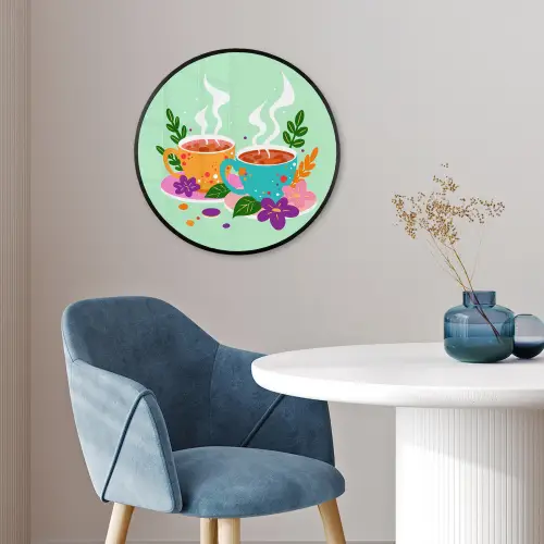 Thee - Illustratie - Kopjes - Bloemen Fotolijst rond zonder passe partout klein -sfeer2