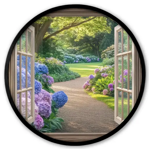 Doorkijk - Tuin - Raam - Hortensia - Bloemen Fotolijst rond zonder passe partout klein -3d