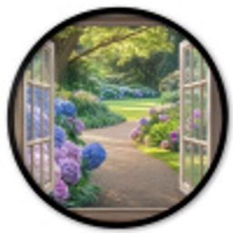 Doorkijk - Tuin - Raam - Hortensia - Bloemen Fotolijst rond zonder passe partout klein -3d