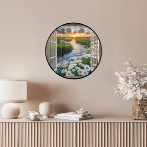 Doorkijk - Landschap - Raam - Water - Zonsondergang Fotolijst rond zonder passe partout klein -sfeer3