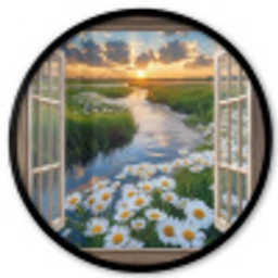 Doorkijk - Landschap - Raam - Water - Zonsondergang Fotolijst rond zonder passe partout klein -3d