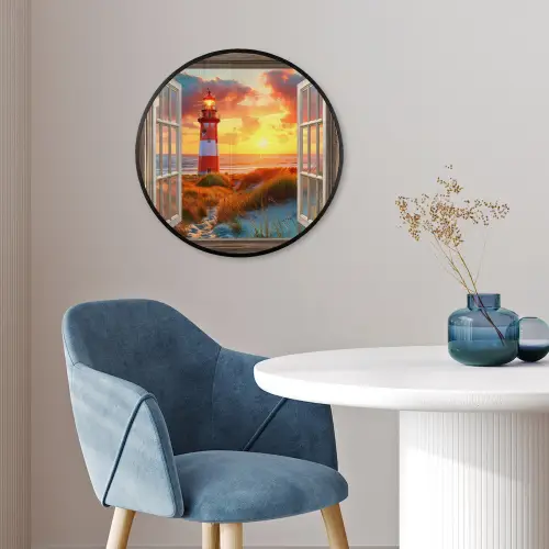 Doorkijk - Raam - Vuurtoren - Zonsondergang - Strand Fotolijst rond zonder passe partout klein -sfeer2