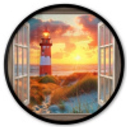 Doorkijk - Raam - Vuurtoren - Zonsondergang - Strand Fotolijst rond zonder passe partout klein -3d