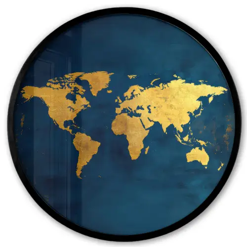 Wereldkaart - Goud - Donkerblauw Fotolijst rond zonder passe partout klein -3d