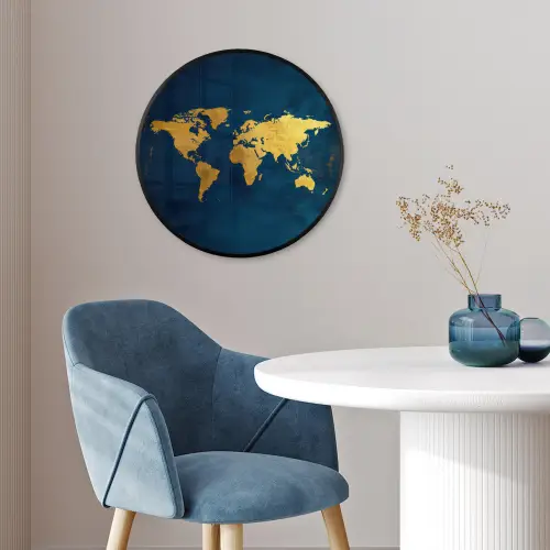 Wereldkaart - Goud - Donkerblauw Fotolijst rond zonder passe partout klein -sfeer2