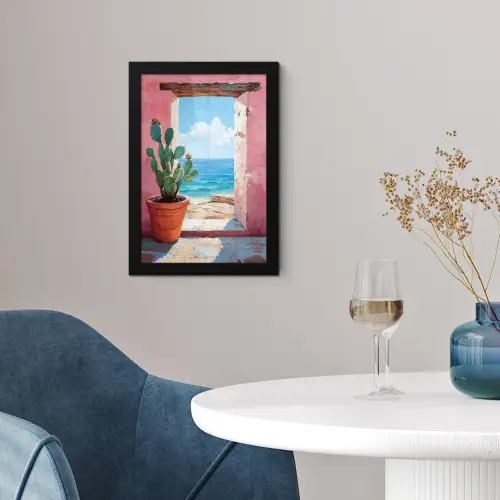 Zee - Roze - Cactus fotolijst zwart zonder passe partout klein -sfeer4