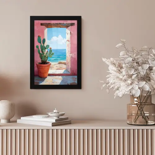 Zee - Roze - Cactus fotolijst zwart zonder passe partout klein -sfeer5