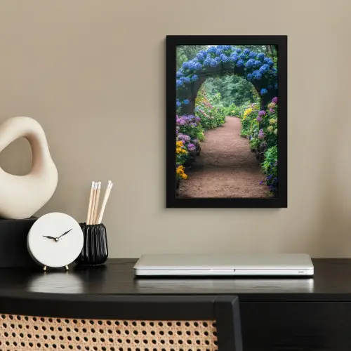 Doorkijk - Bloemen - Hortensia - Pad fotolijst zwart zonder passe partout klein -sfeer1