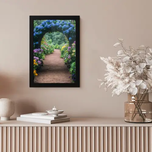 Doorkijk - Bloemen - Hortensia - Pad fotolijst zwart zonder passe partout klein -sfeer5