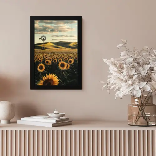 Zonnebloem - Veld - Windmolen fotolijst zwart zonder passe partout klein -sfeer5