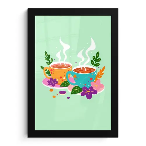 Thee - Illustratie - Kopjes - Bloemen fotolijst zwart zonder passe partout klein -3d