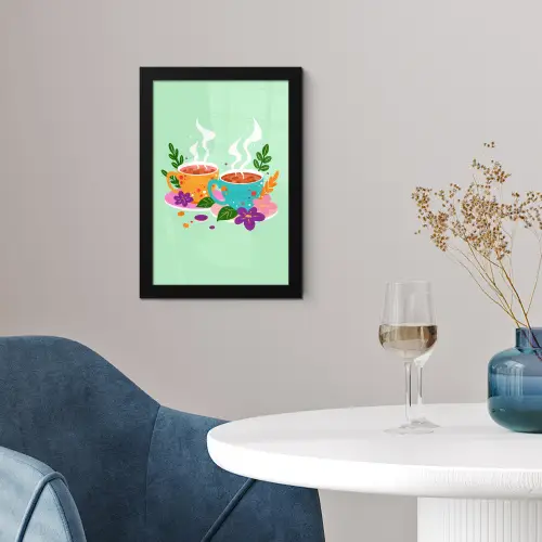 Thee - Illustratie - Kopjes - Bloemen fotolijst zwart zonder passe partout klein -sfeer4