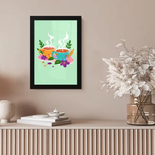 Thee - Illustratie - Kopjes - Bloemen fotolijst zwart zonder passe partout klein -sfeer5