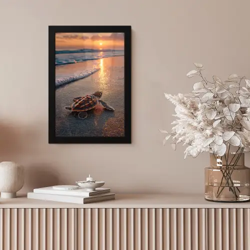 Schildpad - strand - Zonsondergang fotolijst zwart zonder passe partout klein -sfeer5