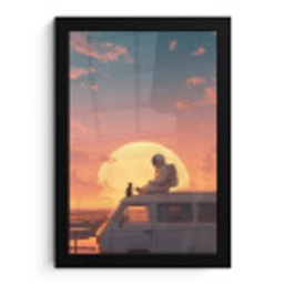Busje - Kat - Zonsondergang - Oranje fotolijst zwart zonder passe partout klein -3d